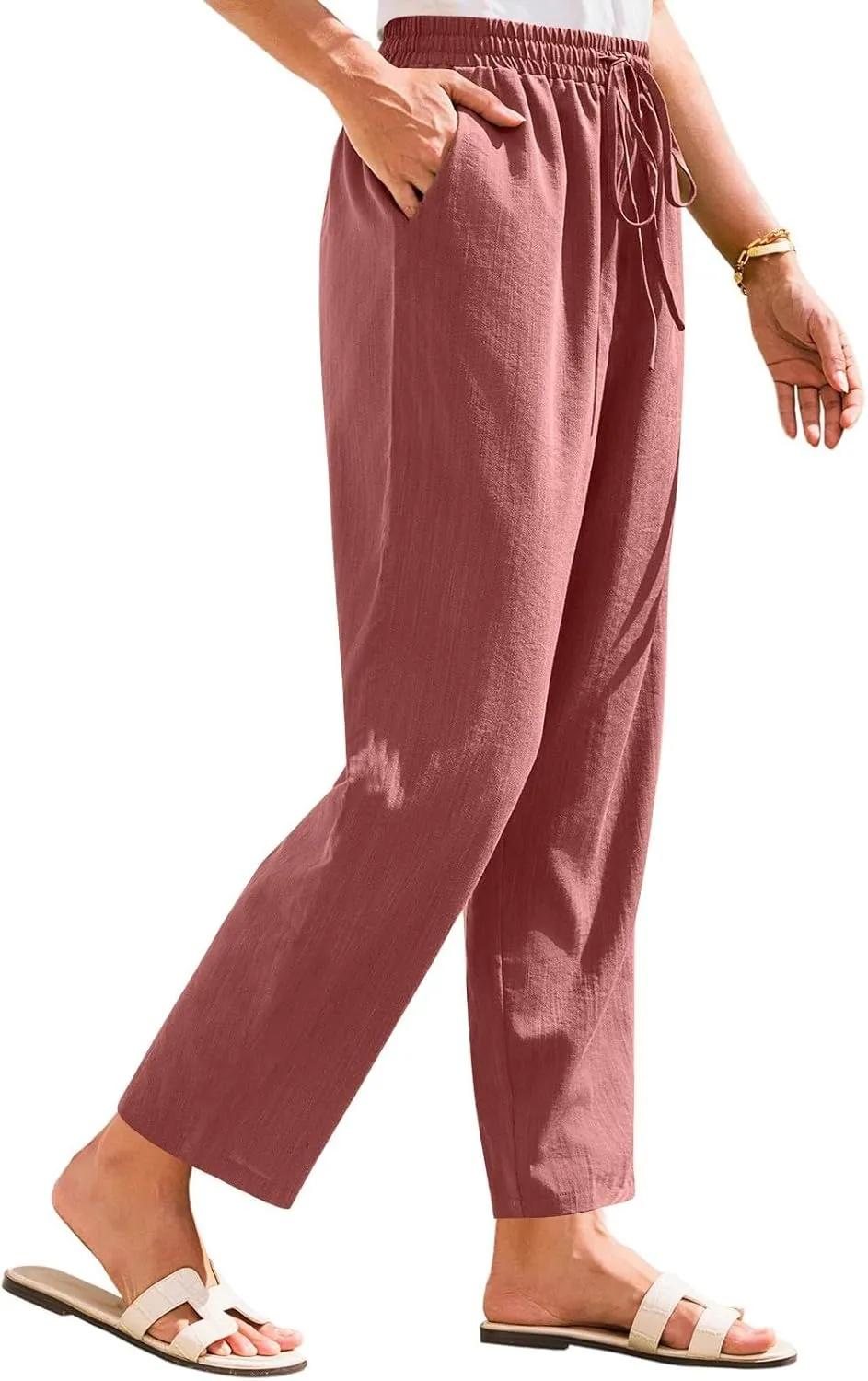 Linen Pants Women Summer Flowy Wide Leg Drawstring Casual Trousers with Pockets Beach Vacation Basic Outfits