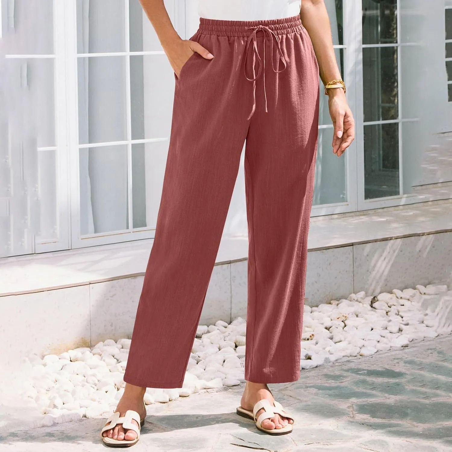 Linen Pants Women Summer Flowy Wide Leg Drawstring Casual Trousers with Pockets Beach Vacation Basic Outfits