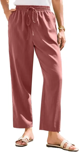 Linen Pants Women Summer Flowy Wide Leg Drawstring Casual Trousers with Pockets Beach Vacation Basic Outfits