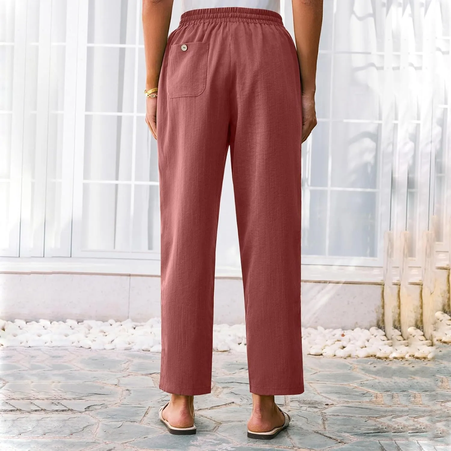 Linen Pants Women Summer Flowy Wide Leg Drawstring Casual Trousers with Pockets Beach Vacation Basic Outfits