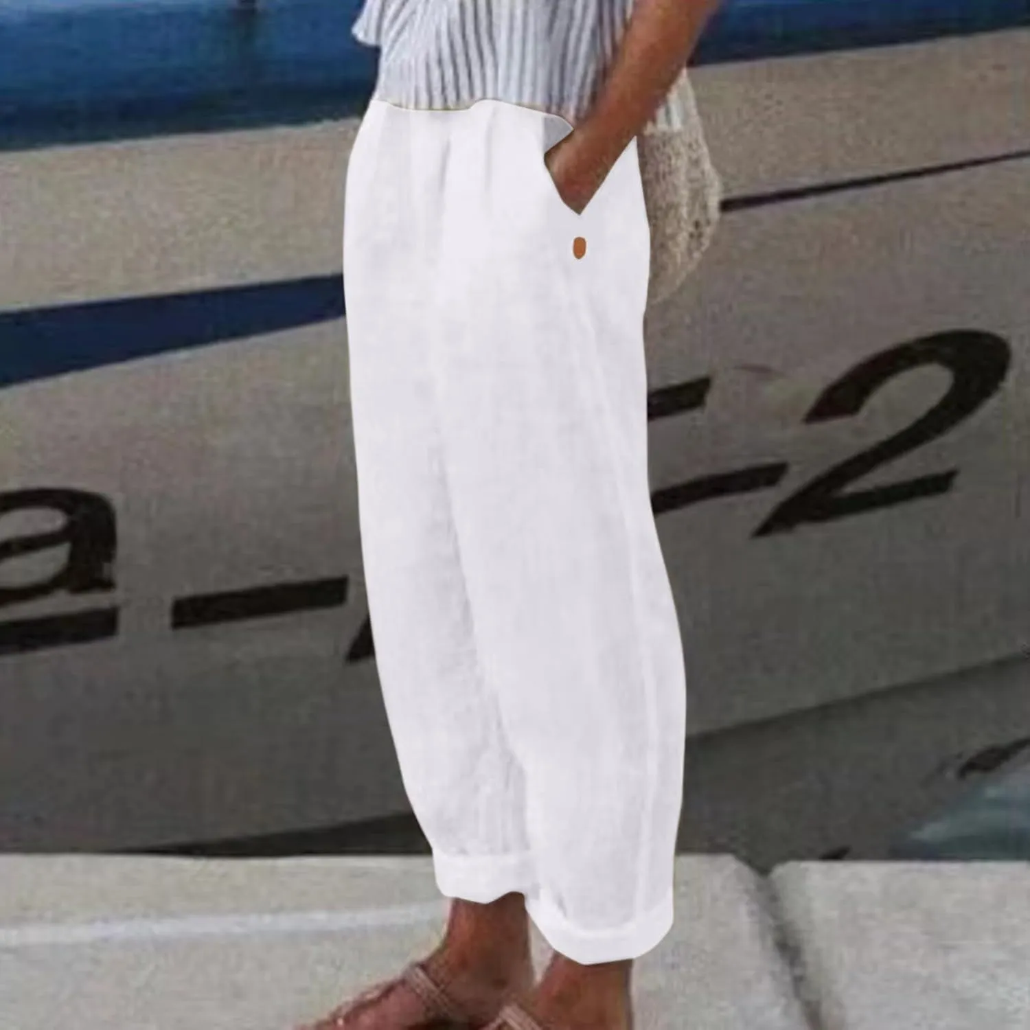 Linen Pants Women Wide Leg Pants Fashion Drawstring Elastic Trousers Comfy Straight Leg Palazzo High Waist Wide Leg