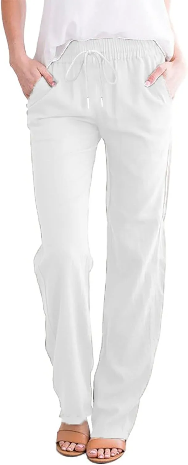 Linen Solor Pants for Women 2025 Summer Wide Leg Casual High Waisted Drawstring Pants Beach Long Lounge Trousers