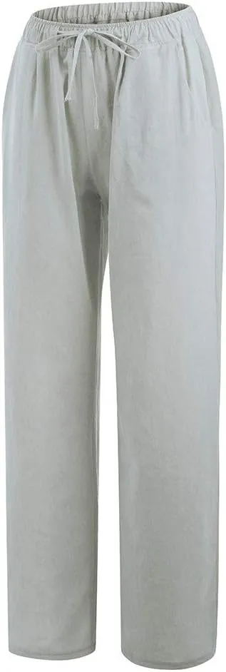 Linen Wide Leg Pants for Women Gauze Palazzo High Waist Drawstring Casual Trousers Travel Beach Outfits with Pockets