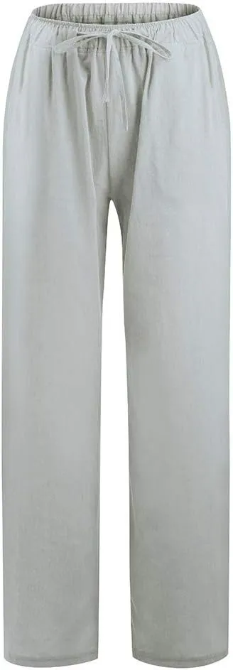 Linen Wide Leg Pants for Women Gauze Palazzo High Waist Drawstring Casual Trousers Travel Beach Outfits with Pockets