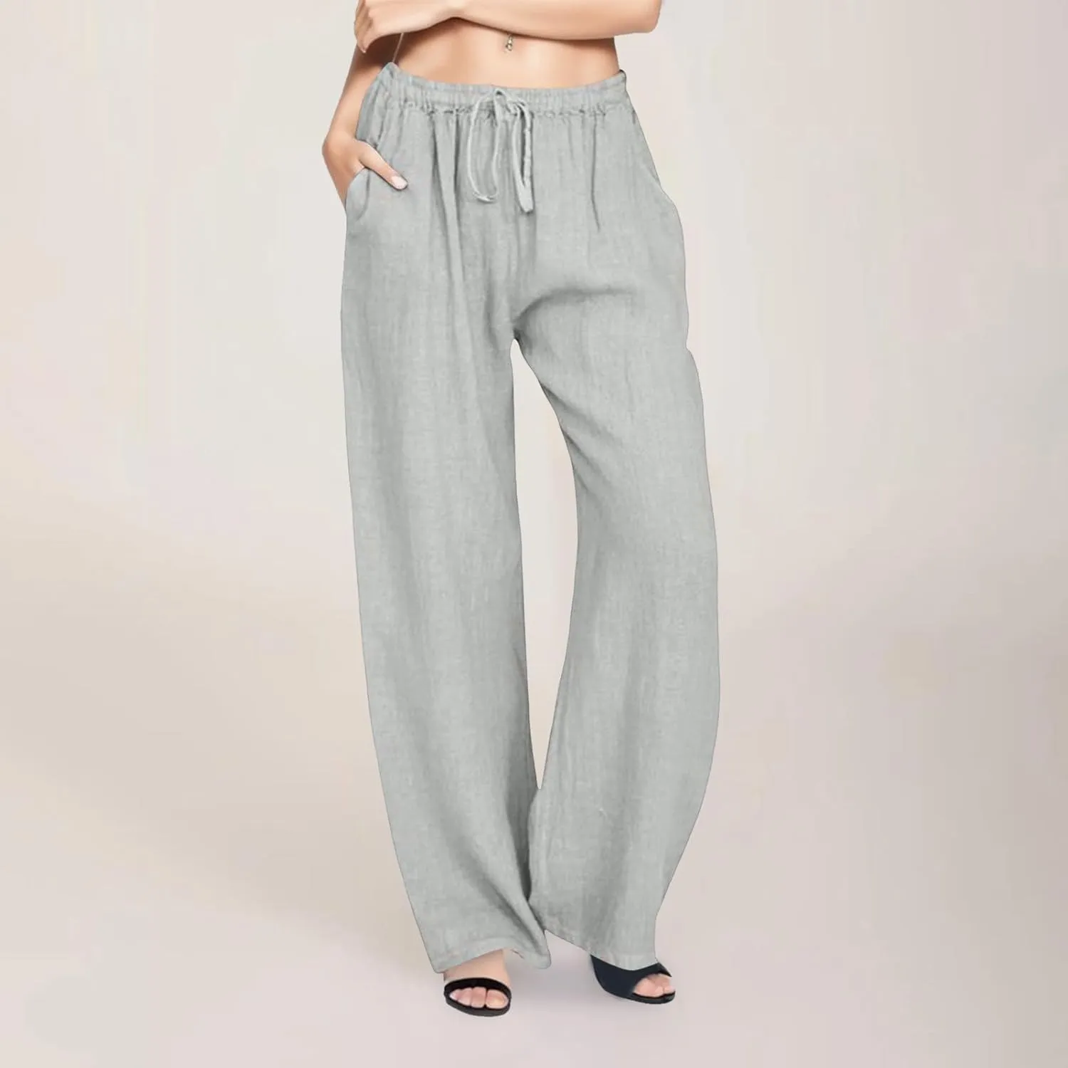 Linen Wide Leg Pants for Women Gauze Palazzo High Waist Drawstring Casual Trousers Travel Beach Outfits with Pockets