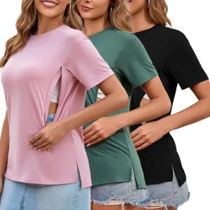 Liu & Qu Breastfeeding Shirts for Women 3 Pack Hidden Zipper Nursing Tops Side Split Postpartum Clothes
