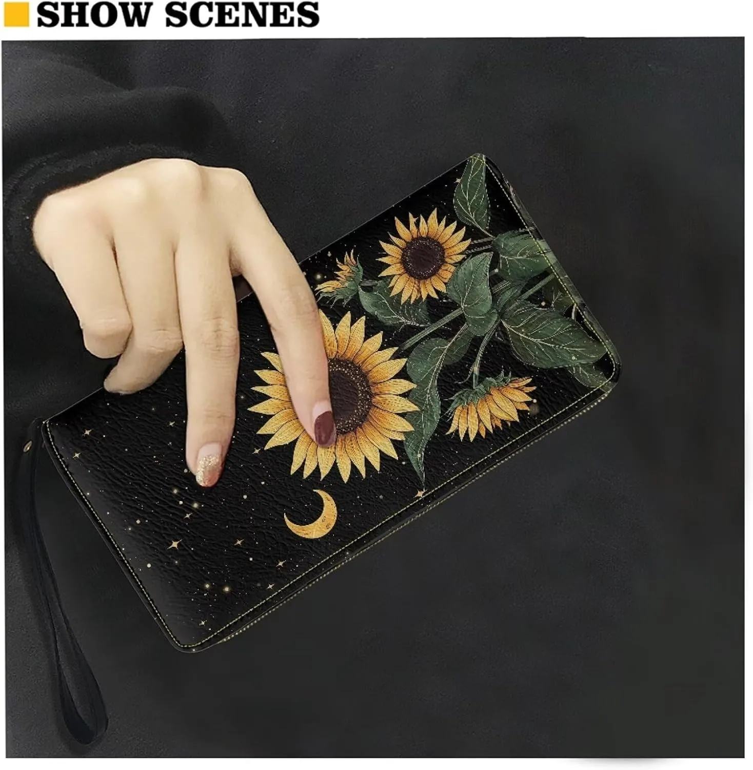 Long Wallet with Wristlet for Women Convenient Fashionable Ladies Business Wallet Metal Zipper Credit Card Holder for Travel Large Capacity Purse with Sunflower Moon Starry Sky Pattern