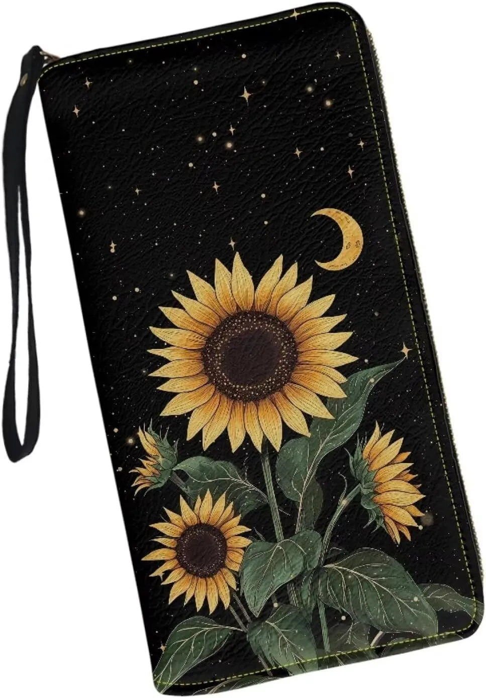 Long Wallet with Wristlet for Women Convenient Fashionable Ladies Business Wallet Metal Zipper Credit Card Holder for Travel Large Capacity Purse with Sunflower Moon Starry Sky Pattern