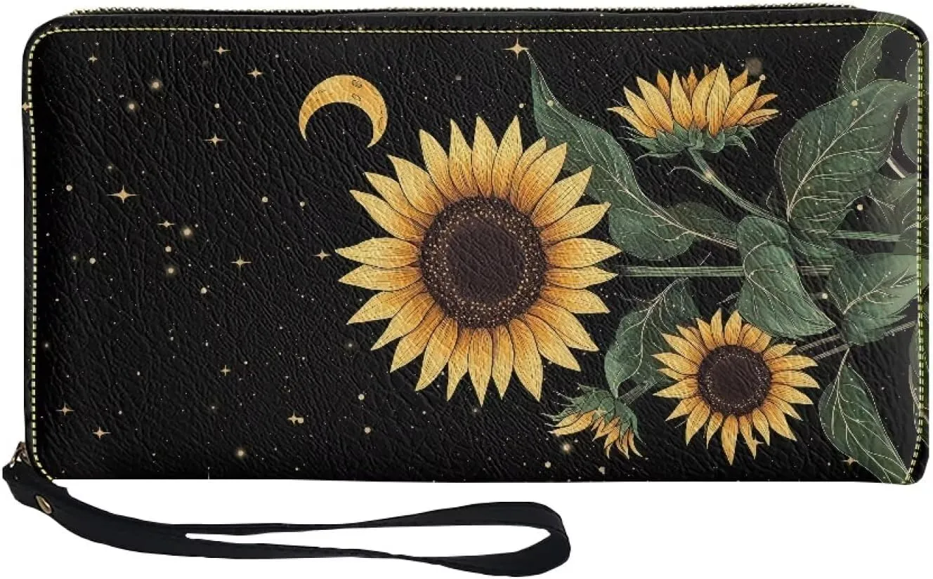 Long Wallet with Wristlet for Women Convenient Fashionable Ladies Business Wallet Metal Zipper Credit Card Holder for Travel Large Capacity Purse with Sunflower Moon Starry Sky Pattern