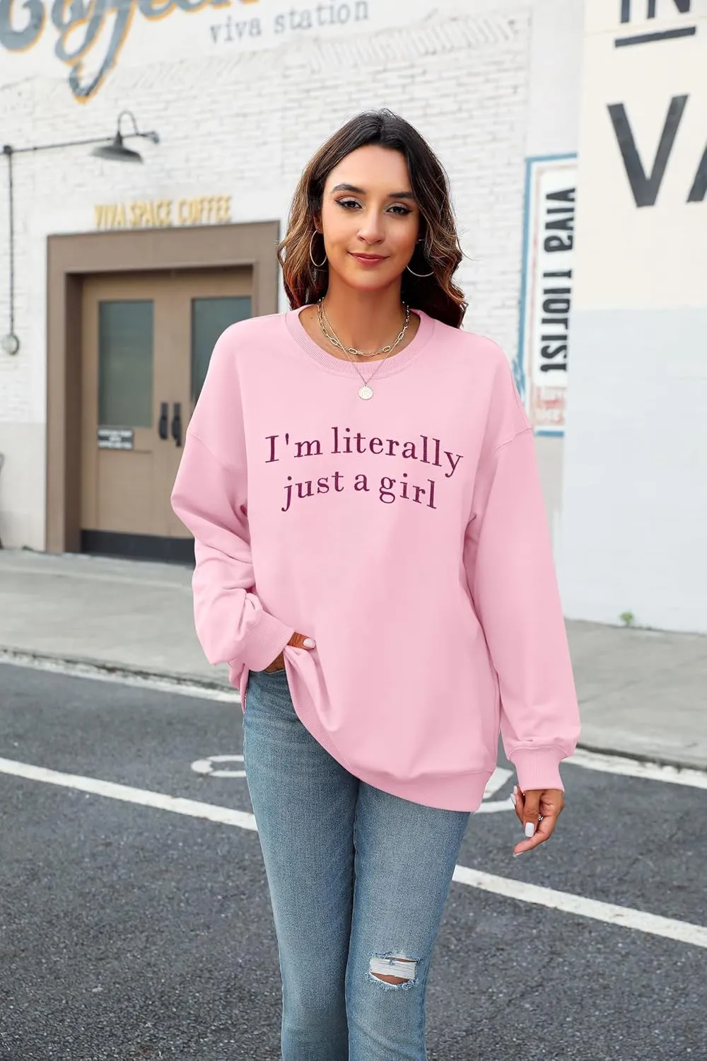 LOTUCY Just A Girl Sweatshirt for Women Funny I'm Literally Just a Girl Embroidered Girly Sweatshirt Gift Ideas