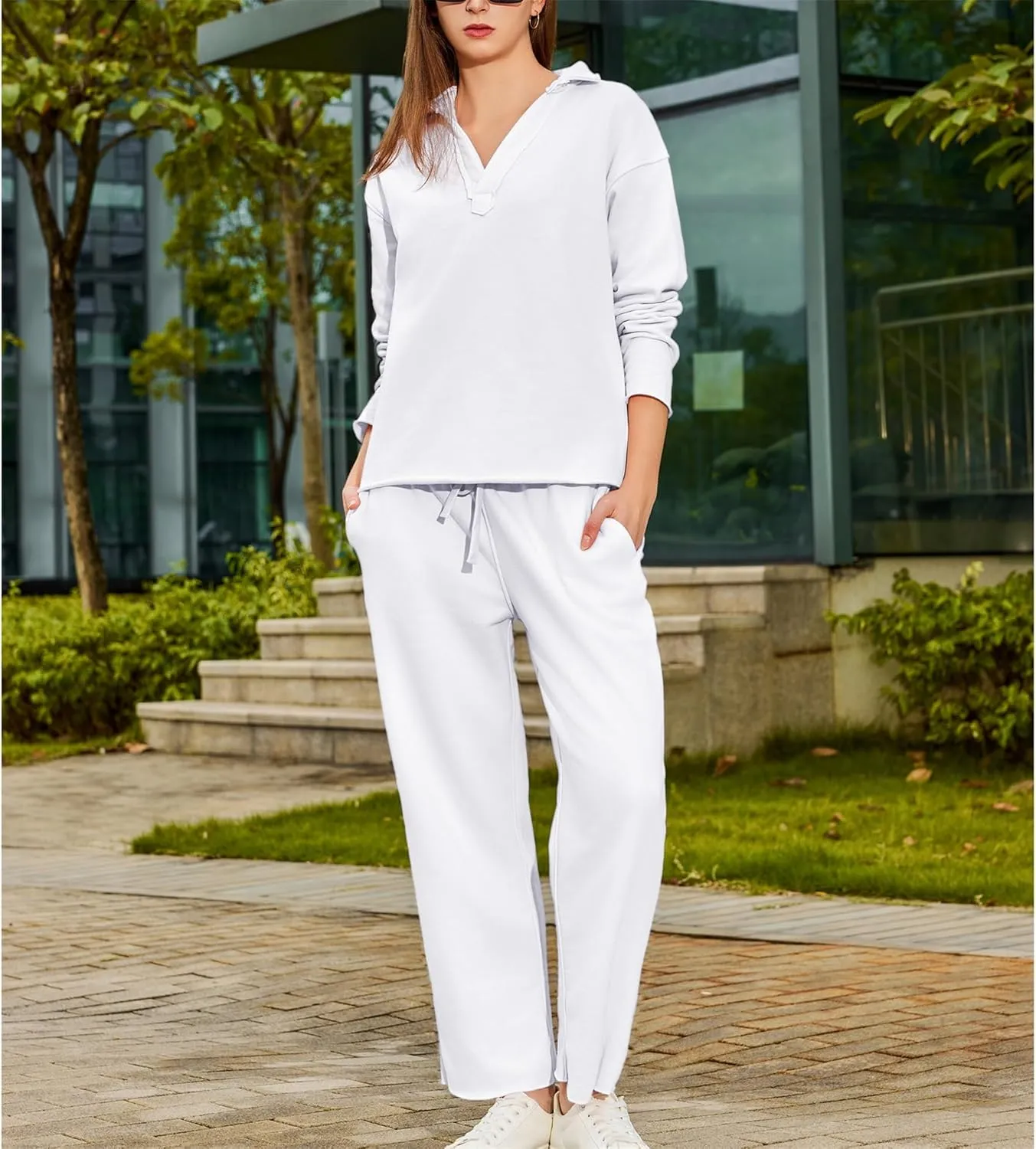 Lounge Sets for Women 2 Piece Outfits Long Sleeve V Neck Pullover Sweatshirts Wide Leg Pants Travel Tracksuit Set