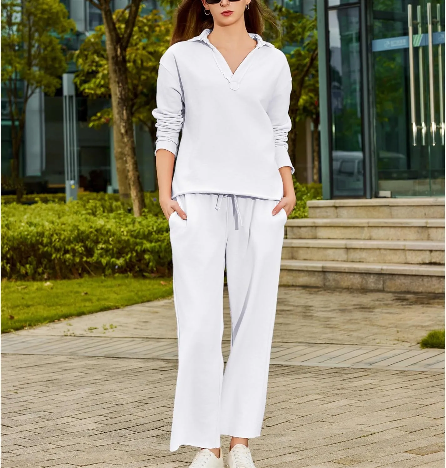 Lounge Sets for Women 2 Piece Outfits Long Sleeve V Neck Pullover Sweatshirts Wide Leg Pants Travel Tracksuit Set
