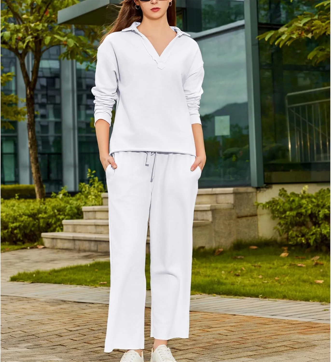 Lounge Sets for Women 2 Piece Outfits Long Sleeve V Neck Pullover Sweatshirts Wide Leg Pants Travel Tracksuit Set