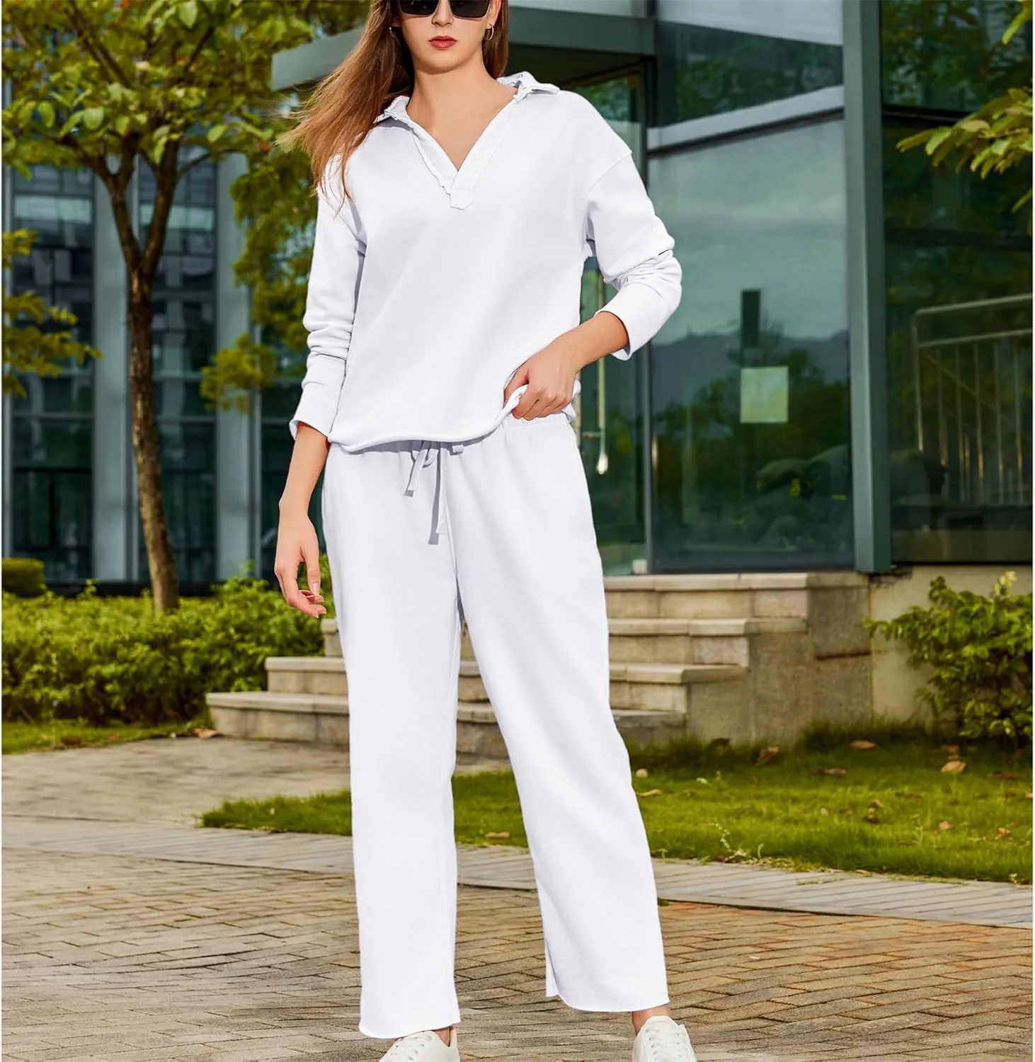 Lounge Sets for Women 2 Piece Outfits Long Sleeve V Neck Pullover Sweatshirts Wide Leg Pants Travel Tracksuit Set