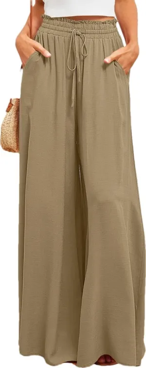 LOUSEA Women's Linen Wide Leg Pants high Elastic Waist Flowy Pants Plus Size Loose Long Pants with Pockets Palazzo Trousers