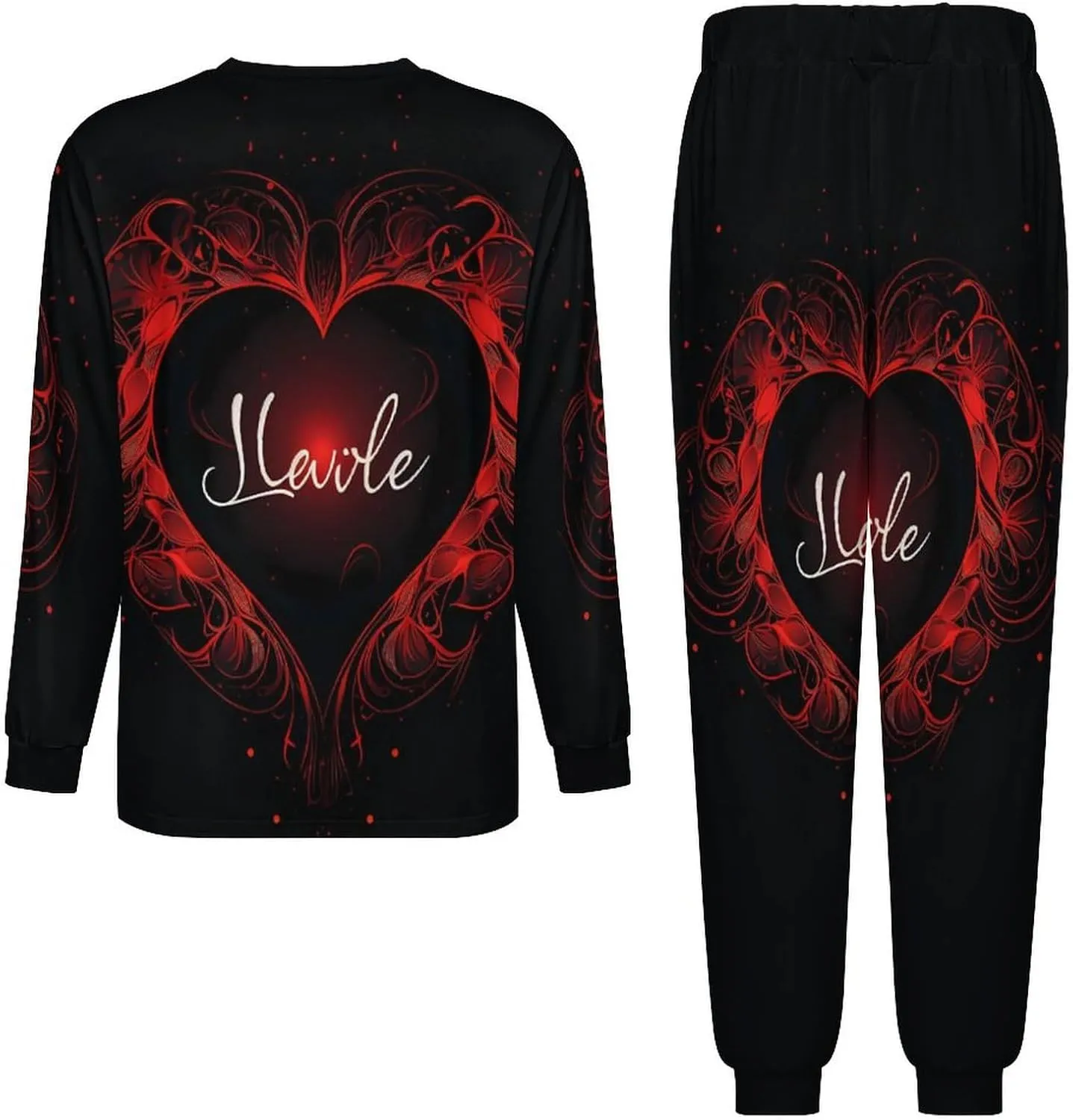 Love Red Heart Men's Pajamas Sets Round Neck Long Sleeve Shirts And Bottoms 2 Piece Pjs Loungewear