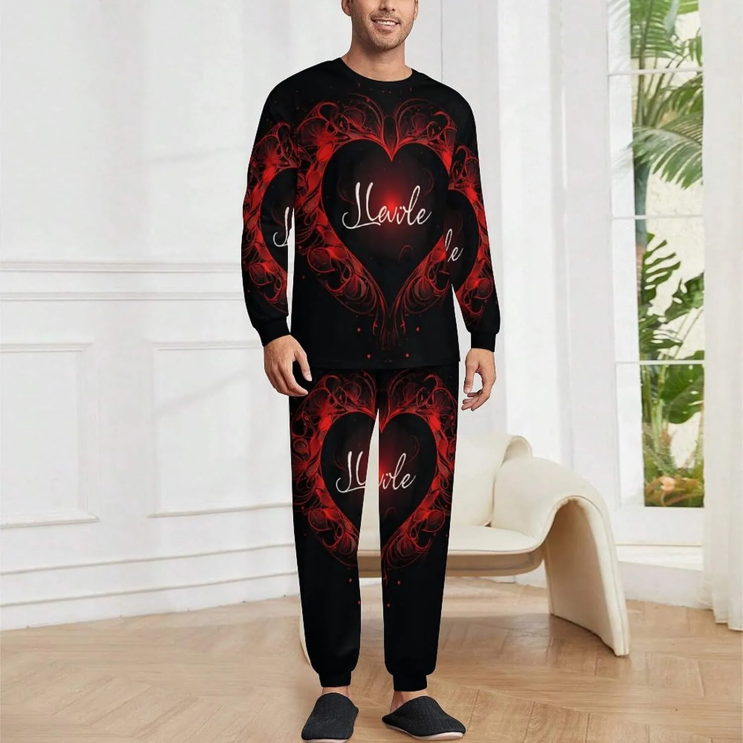 Love Red Heart Men's Pajamas Sets Round Neck Long Sleeve Shirts And Bottoms 2 Piece Pjs Loungewear