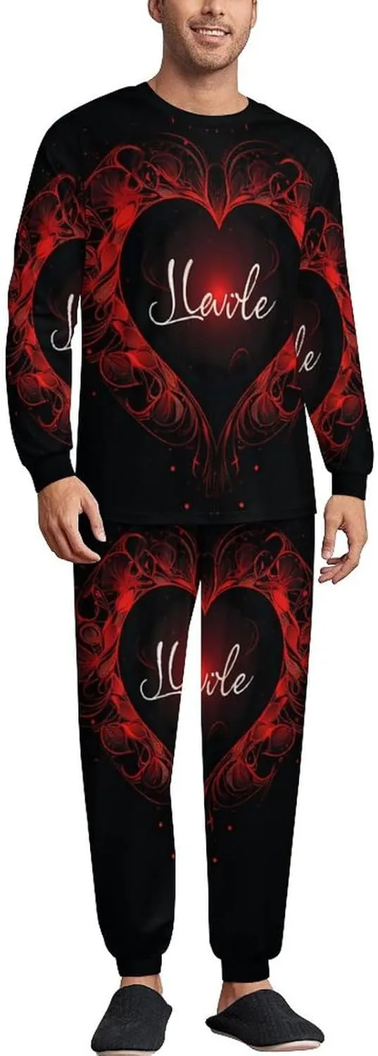 Love Red Heart Men's Pajamas Sets Round Neck Long Sleeve Shirts And Bottoms 2 Piece Pjs Loungewear