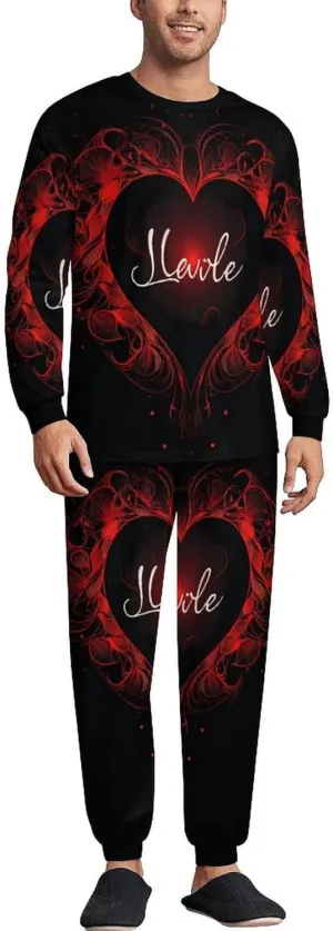 Love Red Heart Men's Pajamas Sets Round Neck Long Sleeve Shirts And Bottoms 2 Piece Pjs Loungewear