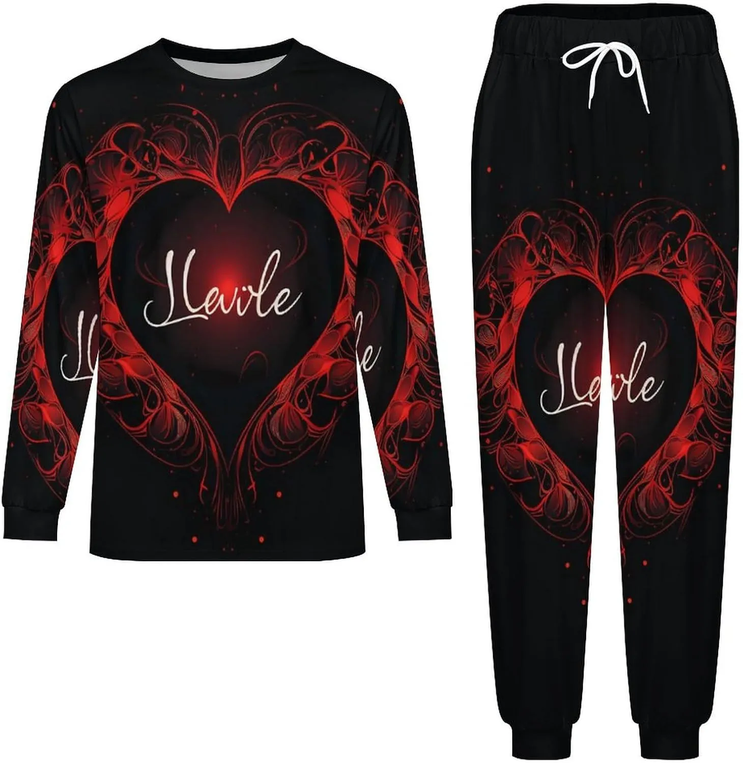 Love Red Heart Men's Pajamas Sets Round Neck Long Sleeve Shirts And Bottoms 2 Piece Pjs Loungewear