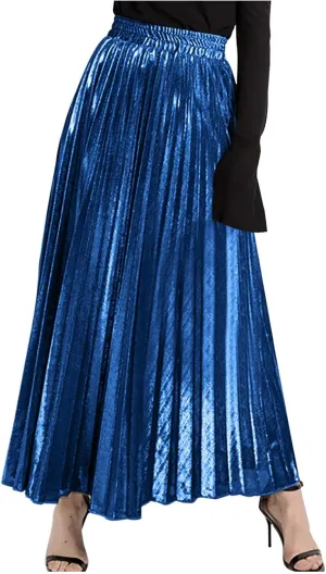 Lpmadey Womens Pleated Midi Skirt, High Waist Swing A-line Skirt Casual Metallic Shiny Accordion Pleated Elastic Long Skirts