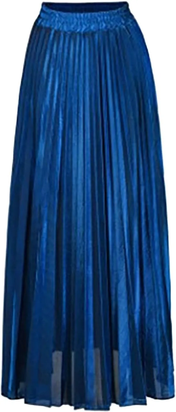 Lpmadey Womens Pleated Midi Skirt, High Waist Swing A-line Skirt Casual Metallic Shiny Accordion Pleated Elastic Long Skirts