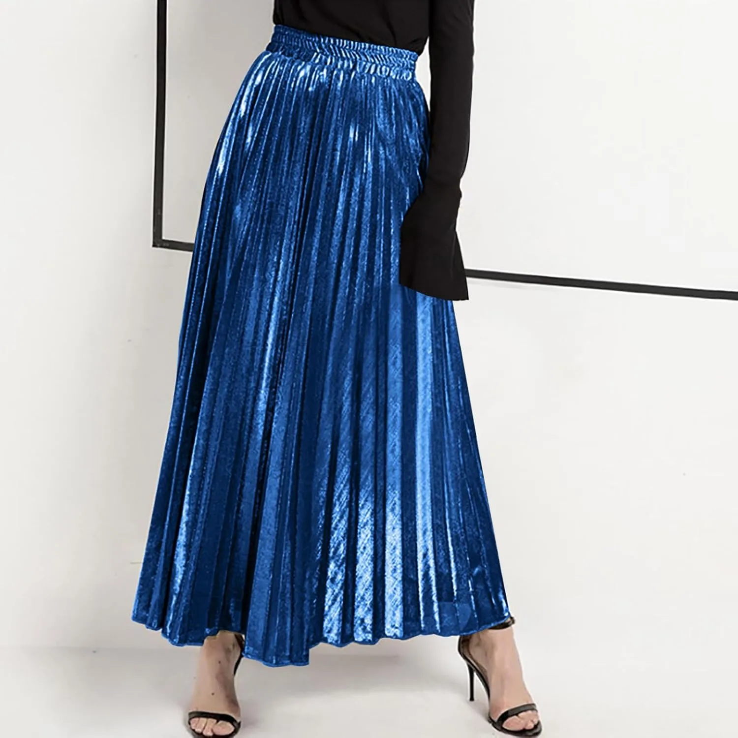Lpmadey Womens Pleated Midi Skirt, High Waist Swing A-line Skirt Casual Metallic Shiny Accordion Pleated Elastic Long Skirts