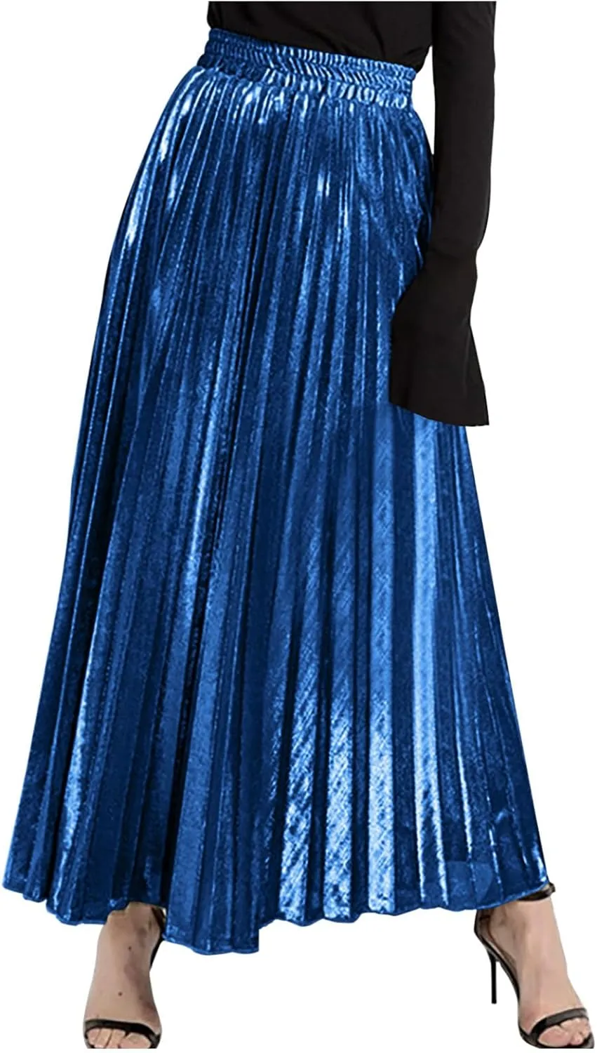 Lpmadey Womens Pleated Midi Skirt, High Waist Swing A-line Skirt Casual Metallic Shiny Accordion Pleated Elastic Long Skirts