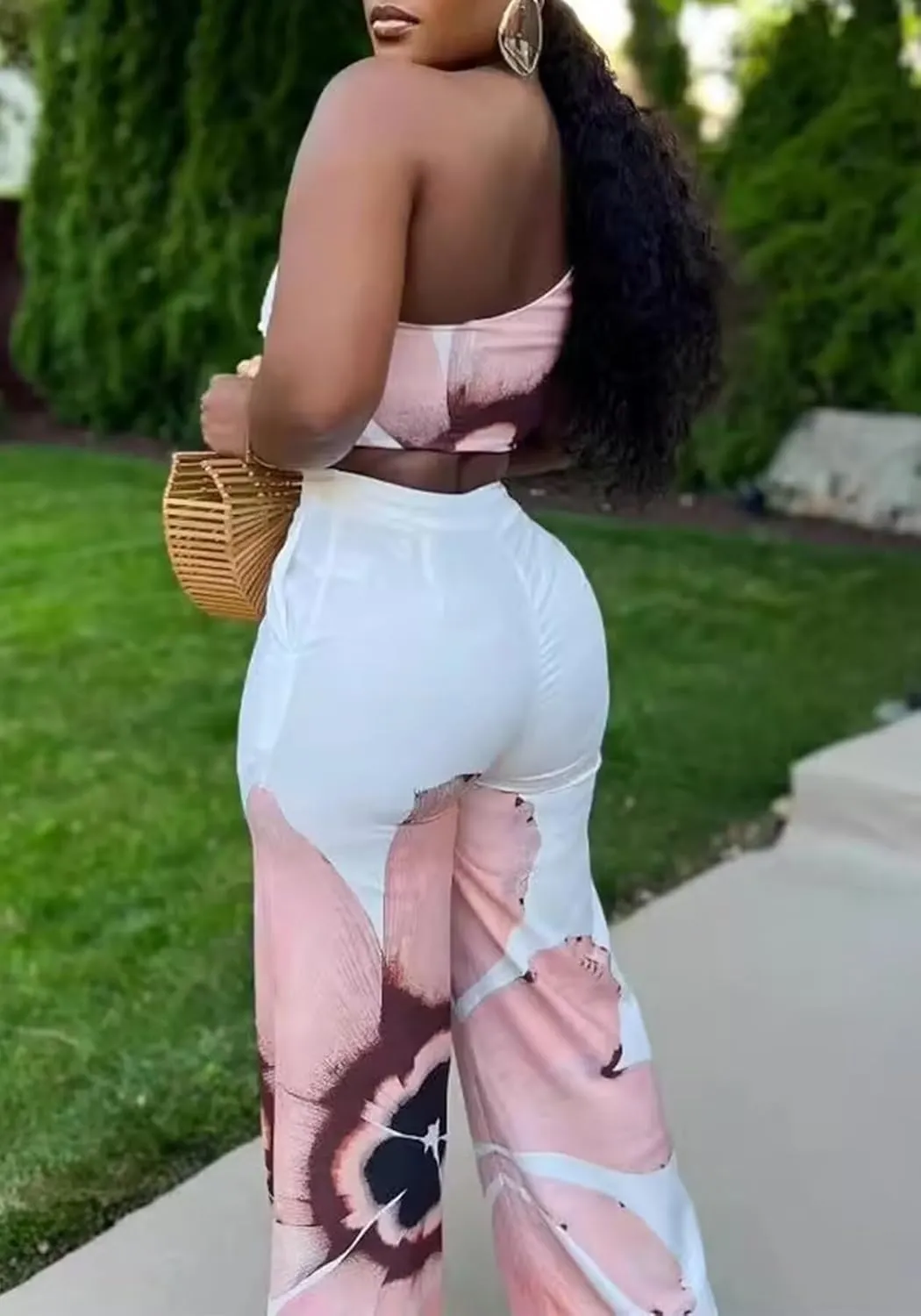 LROSEY Womens Two Piece Outfits Summer Club Birthday Party One Shoulder Crop Top High Waisted Wide Leg Palazzo Pants Sets