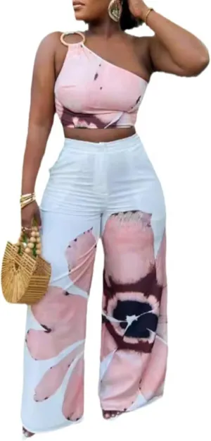 LROSEY Womens Two Piece Outfits Summer Club Birthday Party One Shoulder Crop Top High Waisted Wide Leg Palazzo Pants Sets