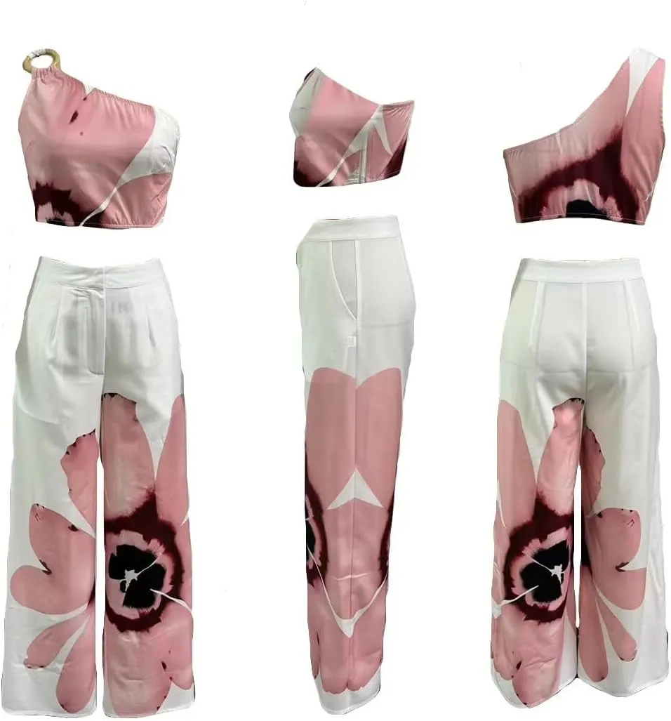 LROSEY Womens Two Piece Outfits Summer Club Birthday Party One Shoulder Crop Top High Waisted Wide Leg Palazzo Pants Sets