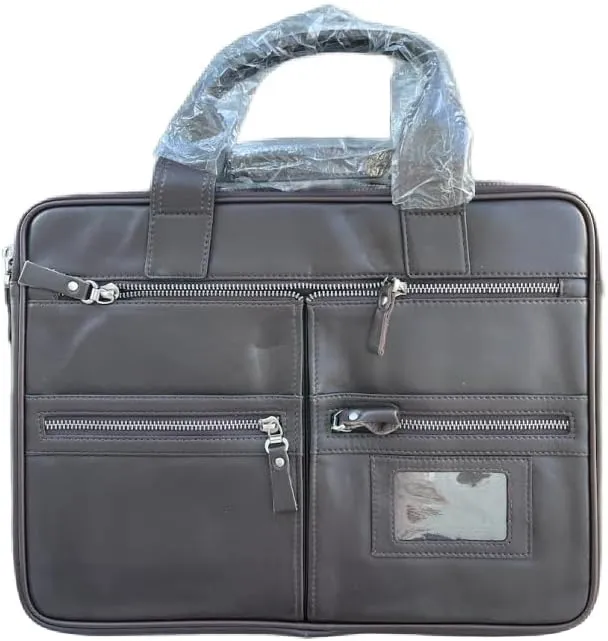 Luxury Leather Briefcase for Men, 14 inches, with Shoulder Strap, Brown