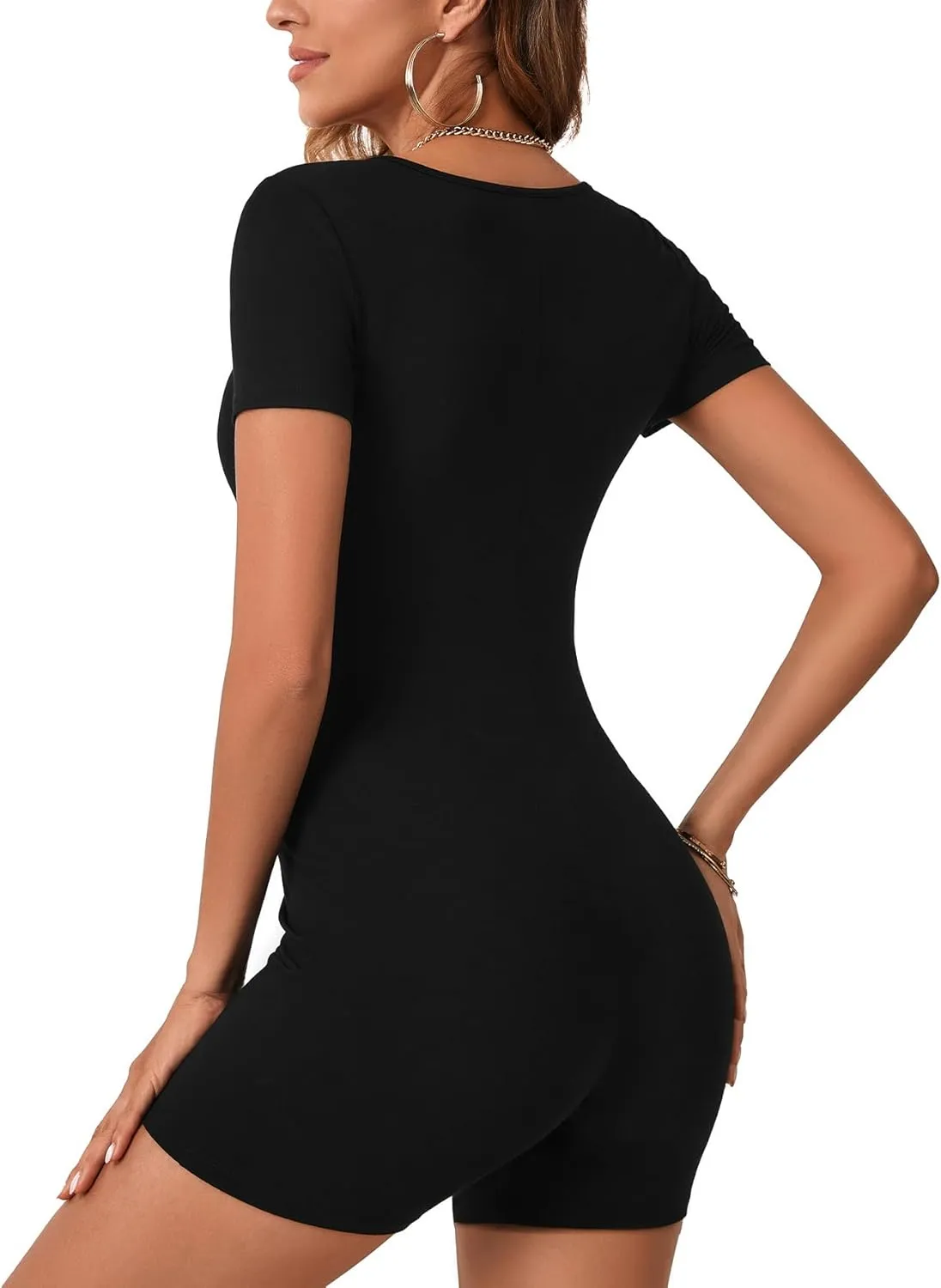 LYANER Women's Summer Scoop Neck Short Sleeve Slim Fit Workout Rompers One Piece Jumpsuit