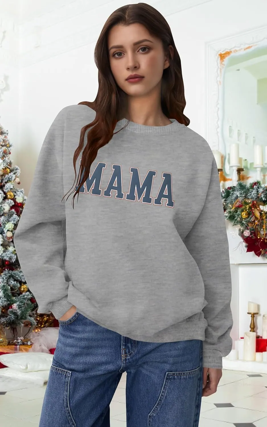 Mama Sweatshirt Women Mama Graphic Crewneck Sweatshirt Mom Gift Shirt Casual Long Sleeve Pullover Tops
