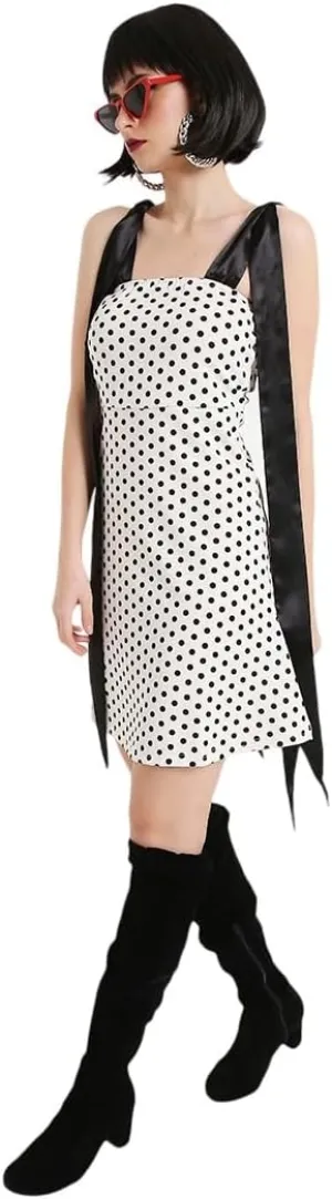 MARCEL & MAE Retro Satin Sash Polka Dot Dress | Trendy Women's Mini Dress with Elegant Tie Sash | Sleeveless Bodycon Fit
