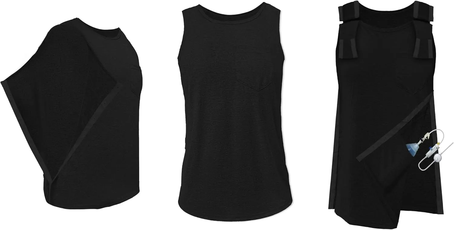 Mastectomy Recovery Tank Top with Drain Pockets Unisex Post Shoulder Surgery Shirts Full Snap Rotator Cuff Recovery Clothing