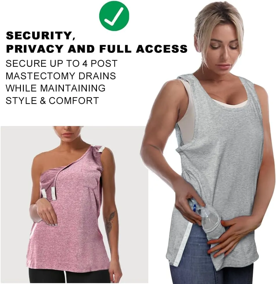 Mastectomy Recovery Tank Top with Drain Pockets Unisex Post Shoulder Surgery Shirts Full Snap Rotator Cuff Recovery Clothing