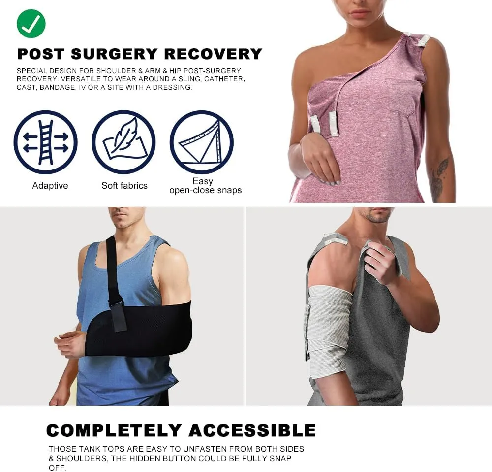 Mastectomy Recovery Tank Top with Drain Pockets Unisex Post Shoulder Surgery Shirts Full Snap Rotator Cuff Recovery Clothing