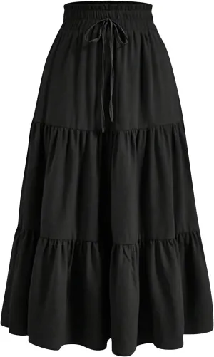 Maxi Skirts for Women Summer Floral Pleated Tiered Boho Flowy Elastic Waist A-Line Spring Beach Vacation Long Skirt