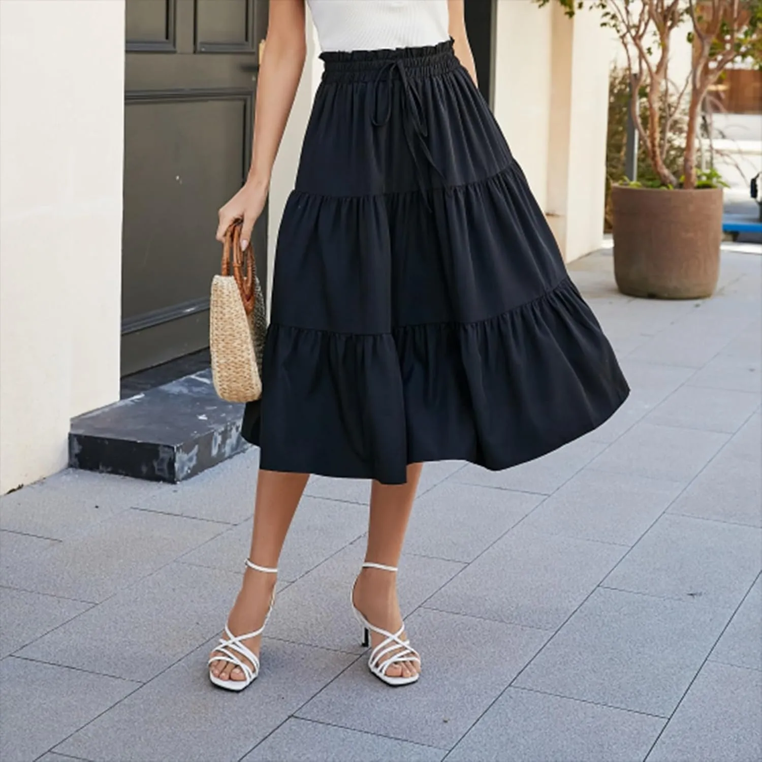 Maxi Skirts for Women Summer Floral Pleated Tiered Boho Flowy Elastic Waist A-Line Spring Beach Vacation Long Skirt