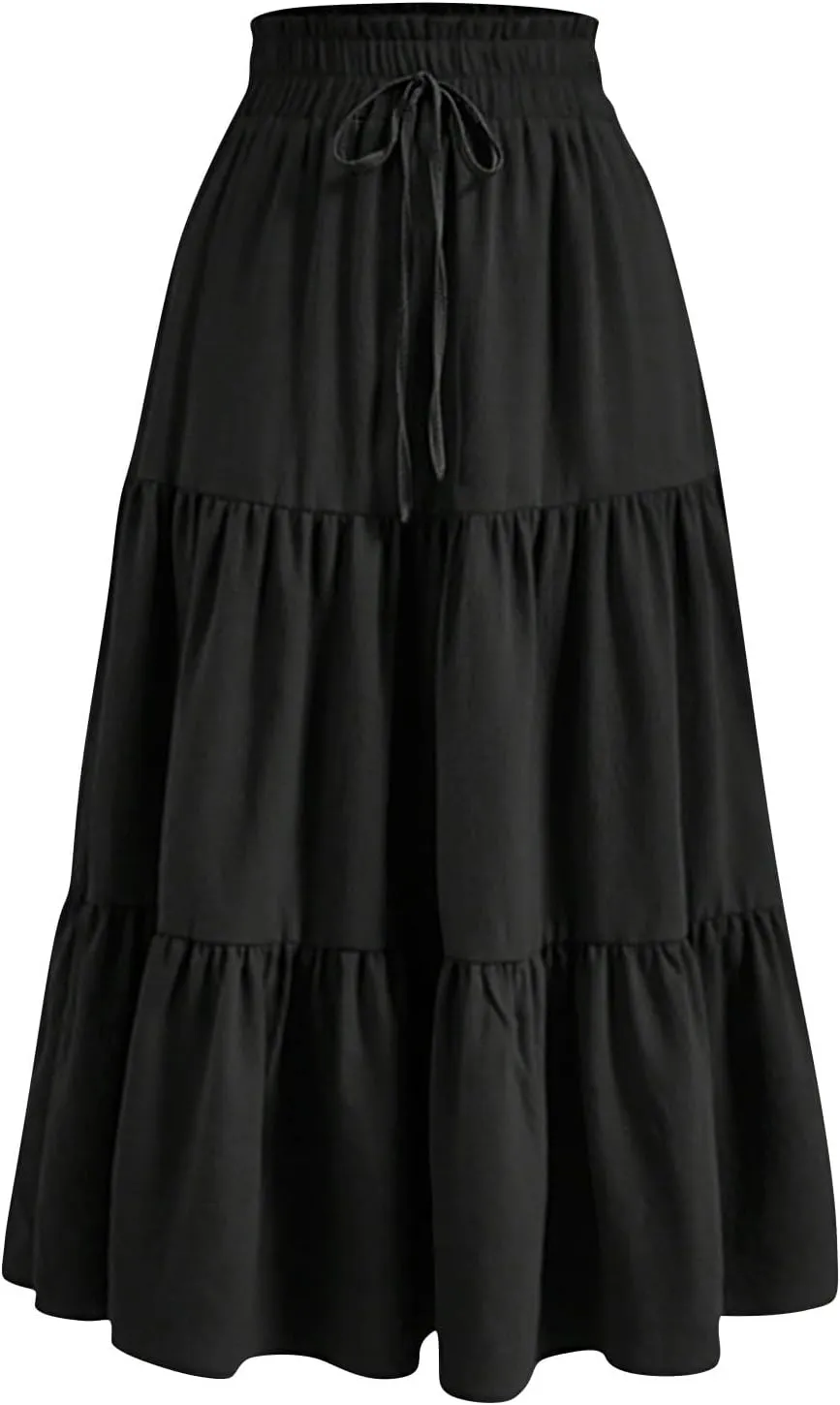 Maxi Skirts for Women Summer Floral Pleated Tiered Boho Flowy Elastic Waist A-Line Spring Beach Vacation Long Skirt