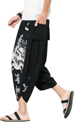 Men Harajuku Harem Pants Summer Cotton Joggers Calf-Length Pants Vintage Chinese Style Print Trousers Black