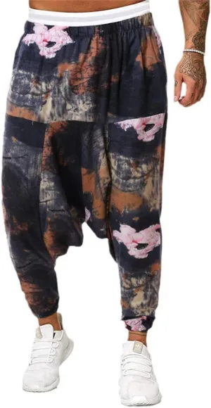 Men Vintage Print Harem Pants Wide Leg Pants Male Casual Cross Pants