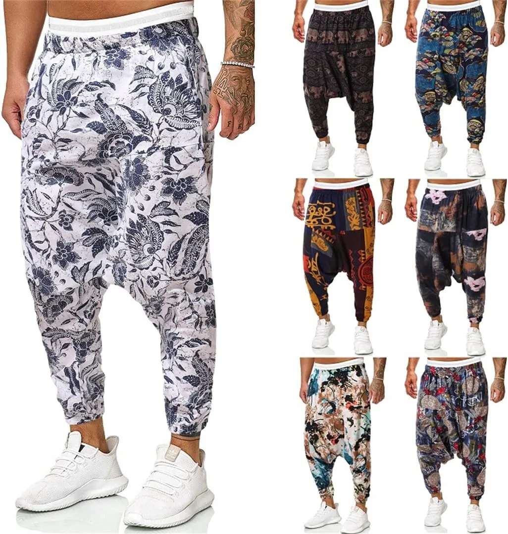 Men Vintage Print Harem Pants Wide Leg Pants Male Casual Cross Pants