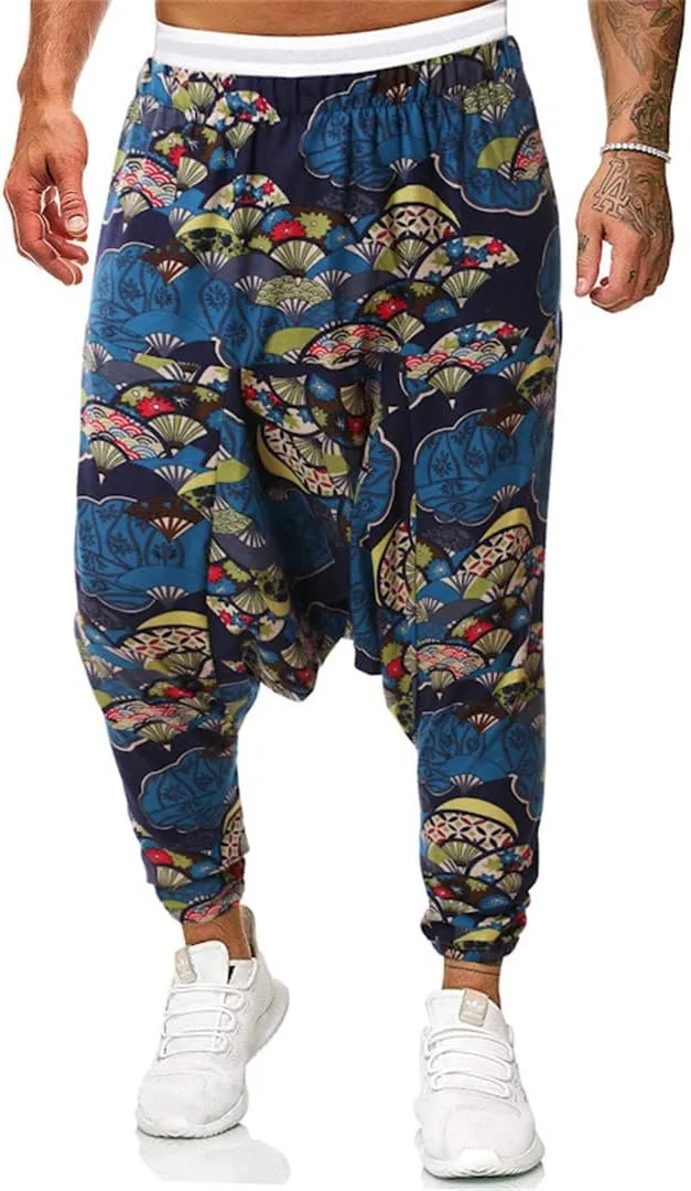 Men Vintage Print Harem Pants Wide Leg Pants Male Casual Cross Pants