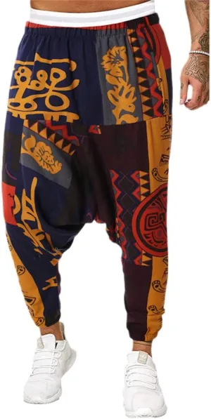 Men Vintage Print Harem Pants Wide Leg Pants Male Casual Cross Pants