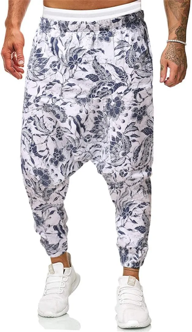 Men Vintage Print Harem Pants Wide Leg Pants Male Casual Cross Pants