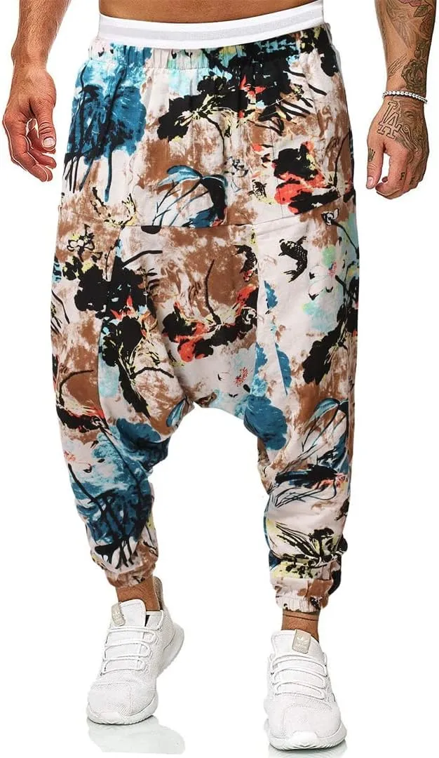 Men Vintage Print Harem Pants Wide Leg Pants Male Casual Cross Pants