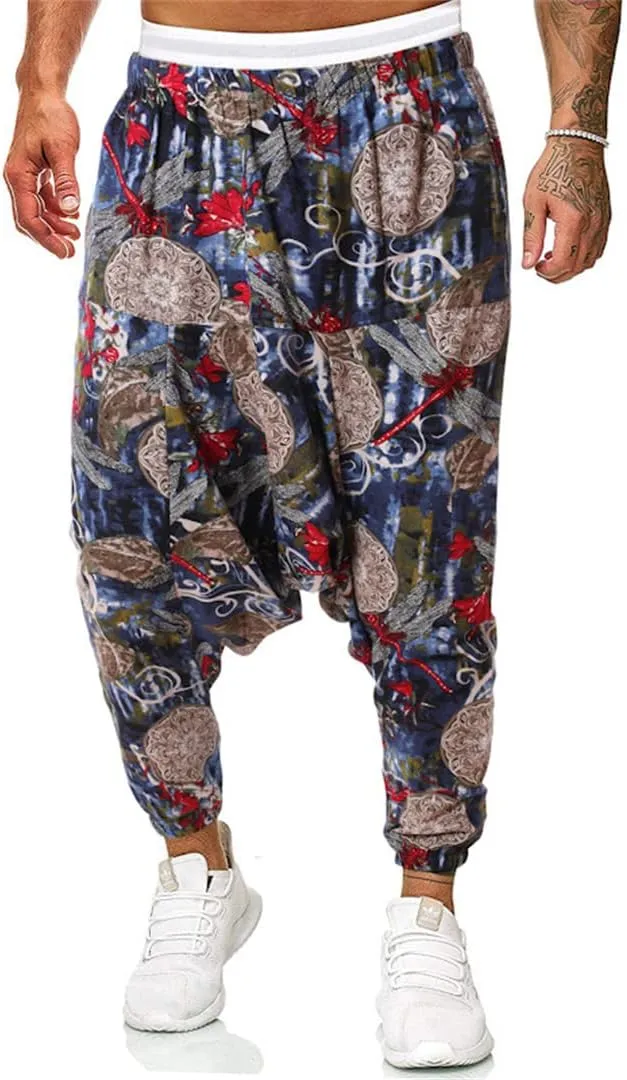 Men Vintage Print Harem Pants Wide Leg Pants Male Casual Cross Pants