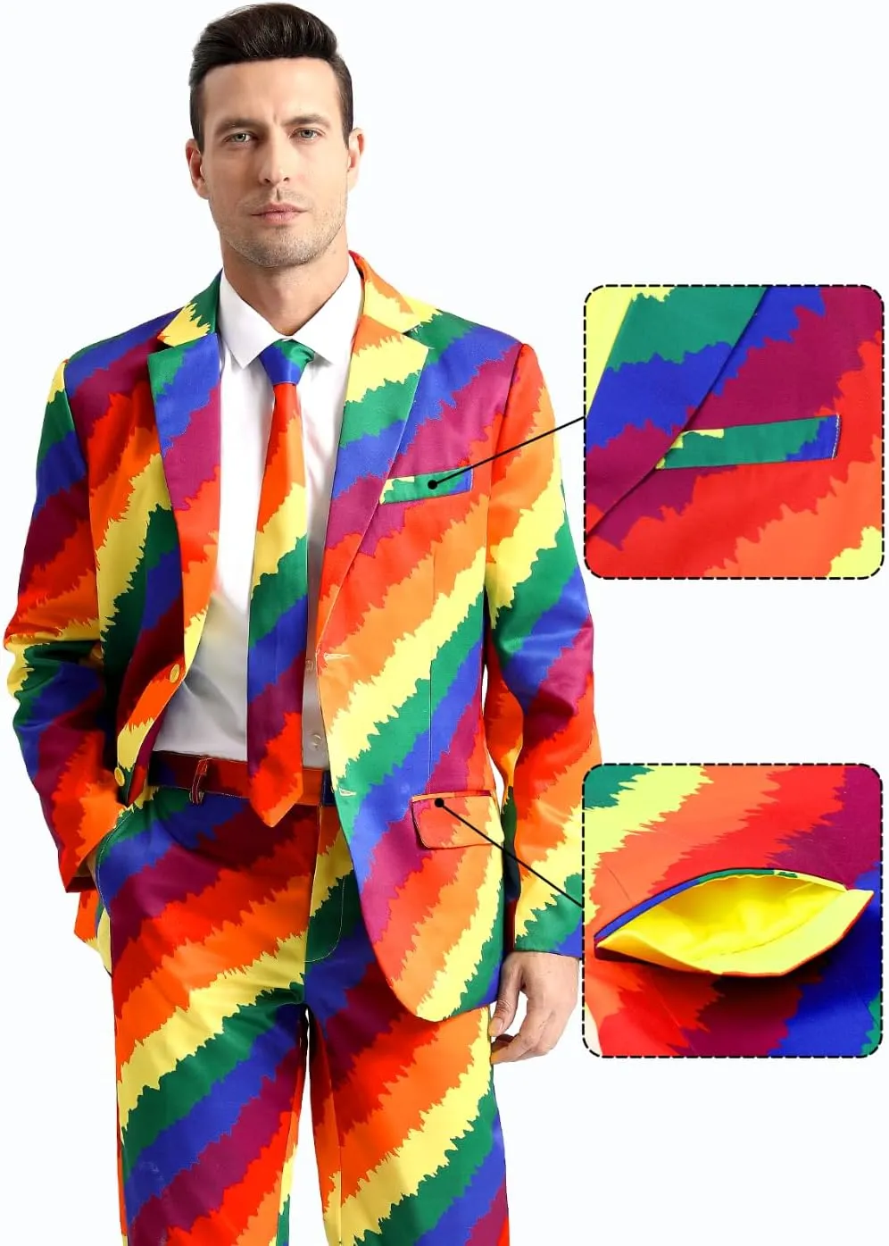 Men's 3-Piece Pride Rainbow Suits, Two Button Jacket & Pants & Tie